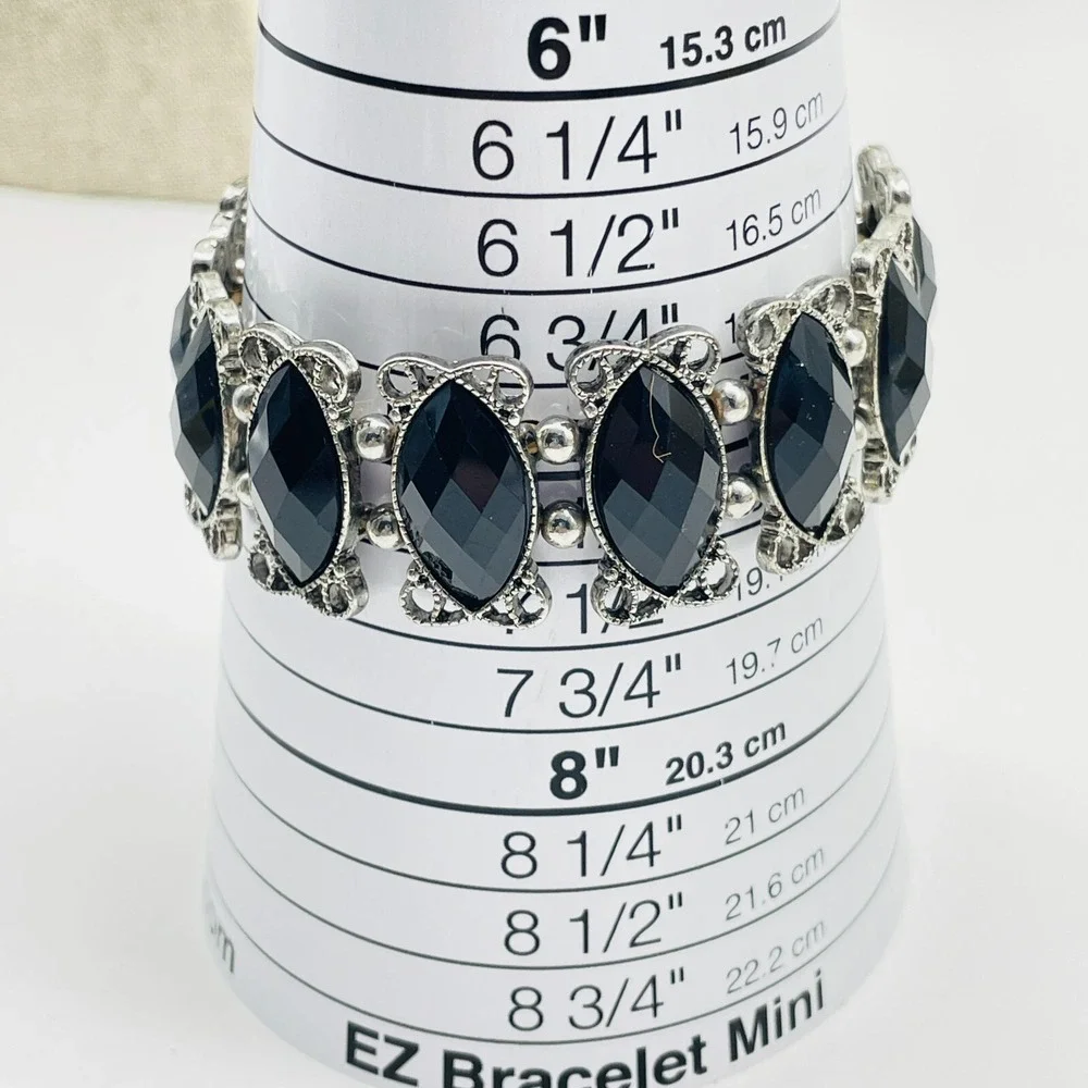 Black Beaded Stretch Bracelet Silver Tone Statement Fashion Costume Jewelry